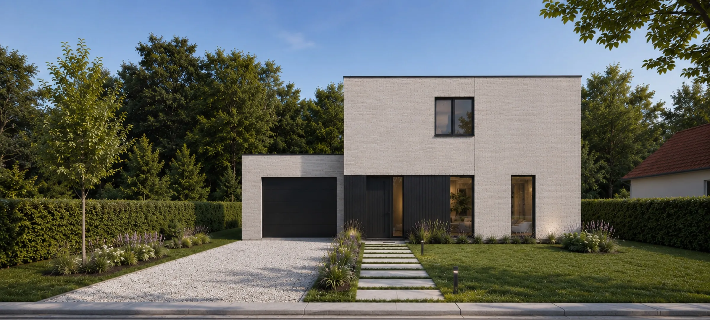3D-render van de voorgevel met garage van de open woning aan de Bossenstraat in Wielsbeke
