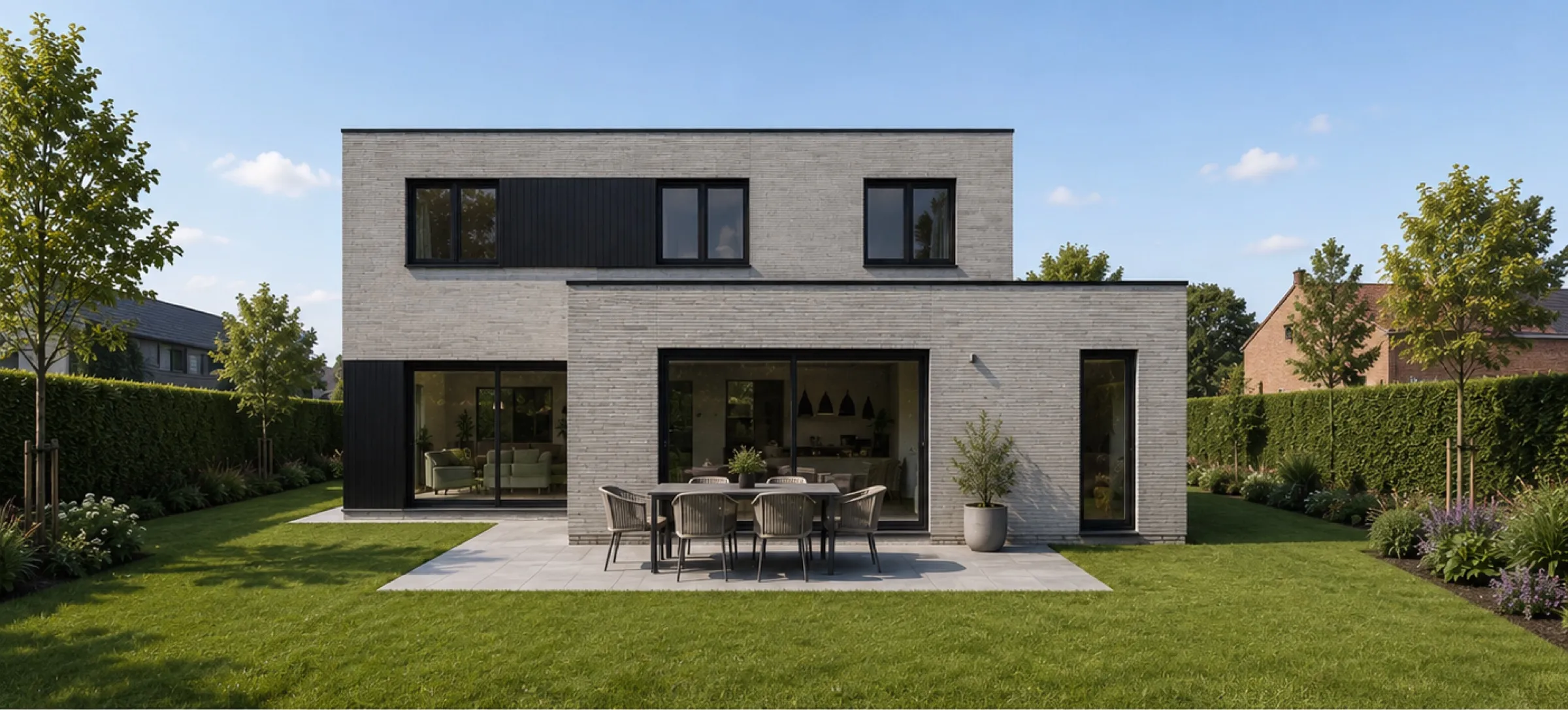 3D-render van de achtergevel met terras en tuin van de woning aan de Bossenstraat in Wielsbeke