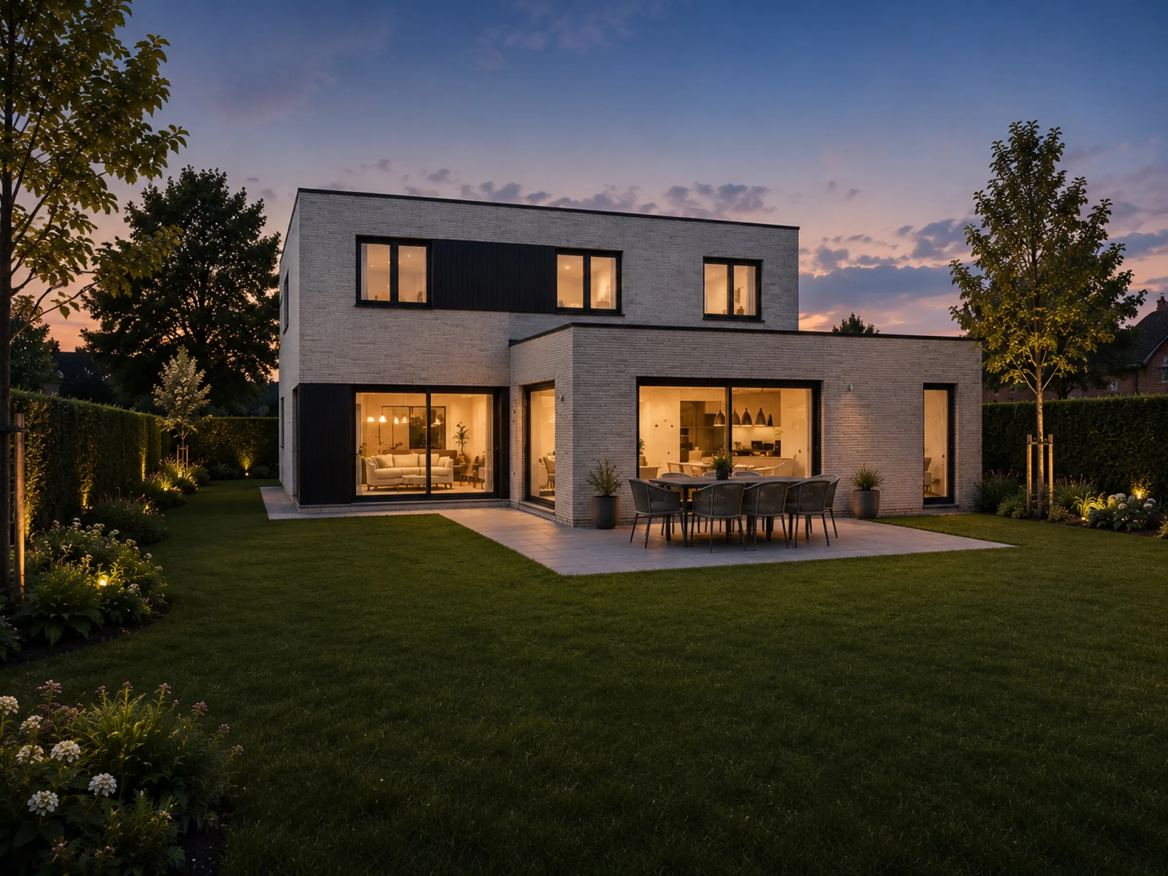 3D-render van de achtergevel en tuin bij avond, Bossenstraat Wielsbeke