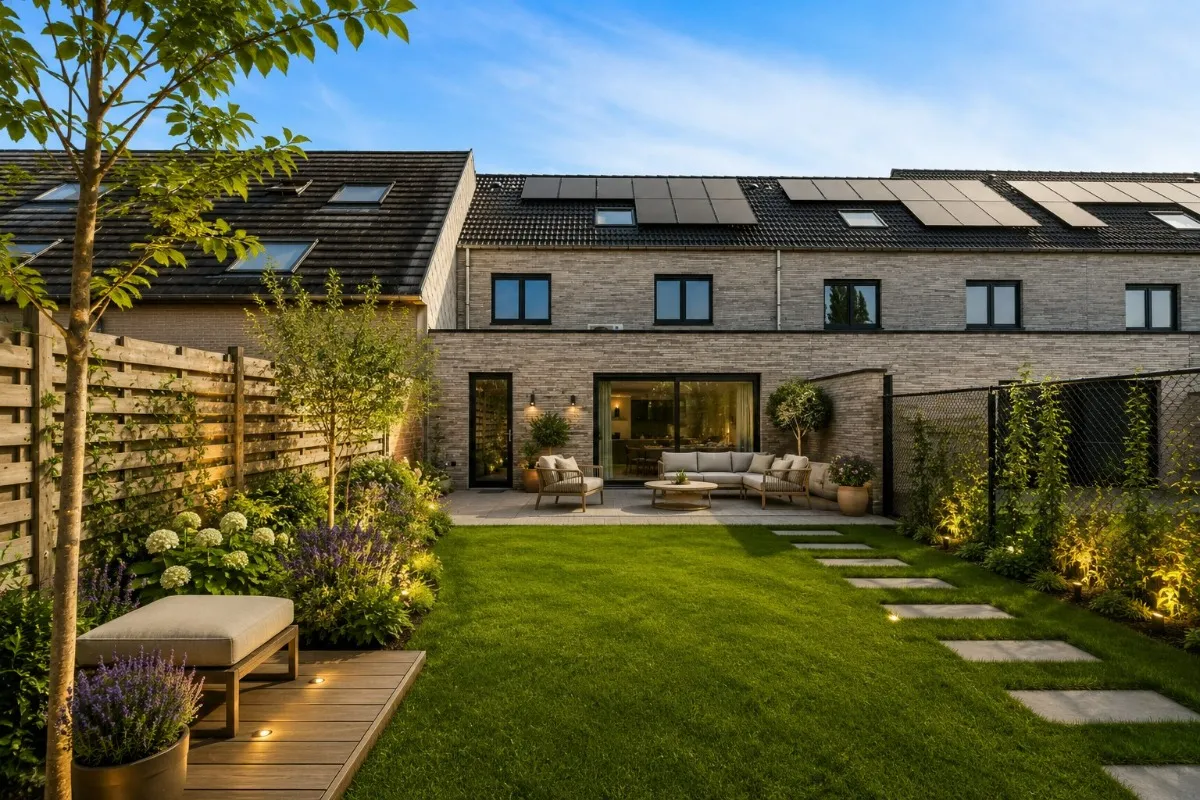 Achtergevel en tuin van de woningen aan de Gottemstraat in Dentergem, virtueel aangelegd