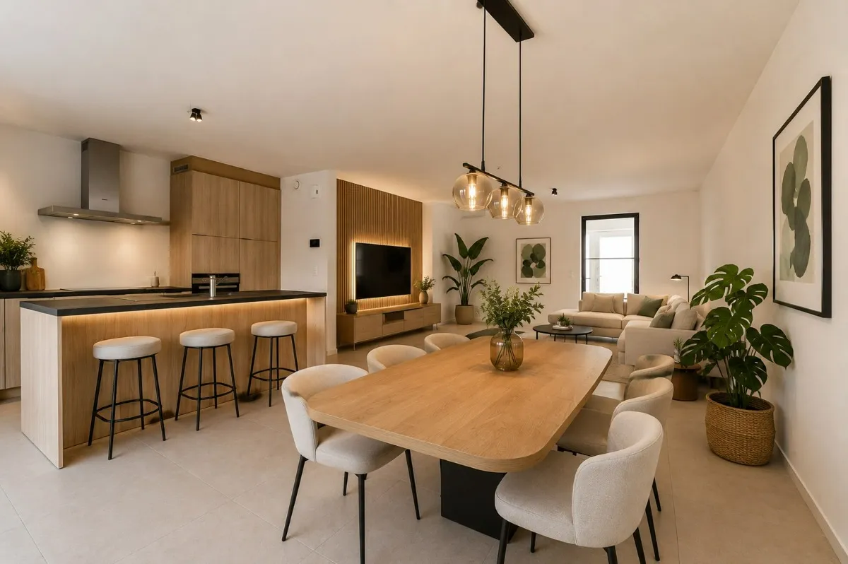 Living met open keuken van een nieuwbouwwoning aan de Gottemstraat in Dentergem, virtueel ingericht