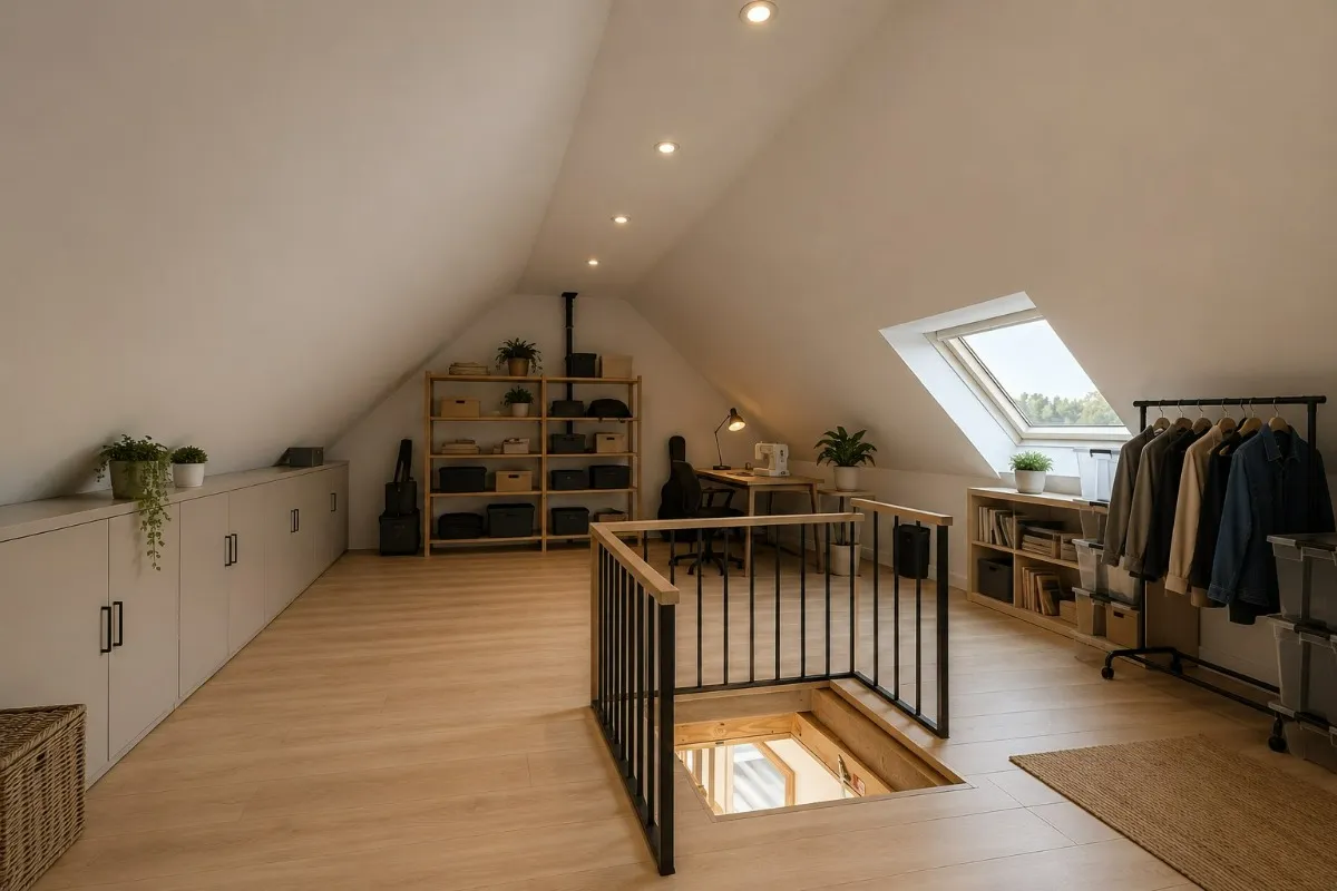 Toegankelijke zolder van een woning aan de Gottemstraat in Dentergem, virtueel ingericht als bureau