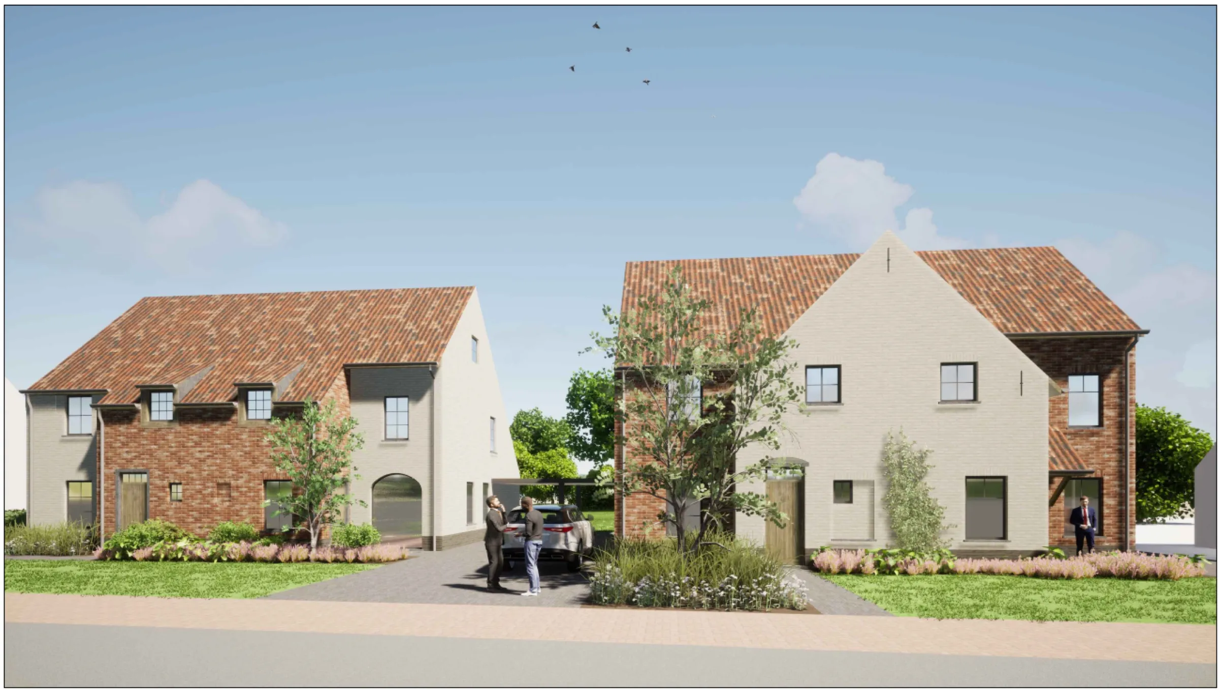 3D-render van de halfopen woningen in landelijke stijl aan de Kerkweg in Ooigem